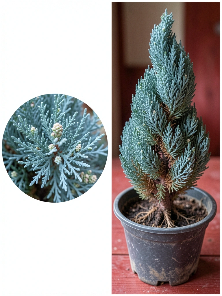 Folhas verde-azuladas e galhos retorcidos de tuia kaizuka em close