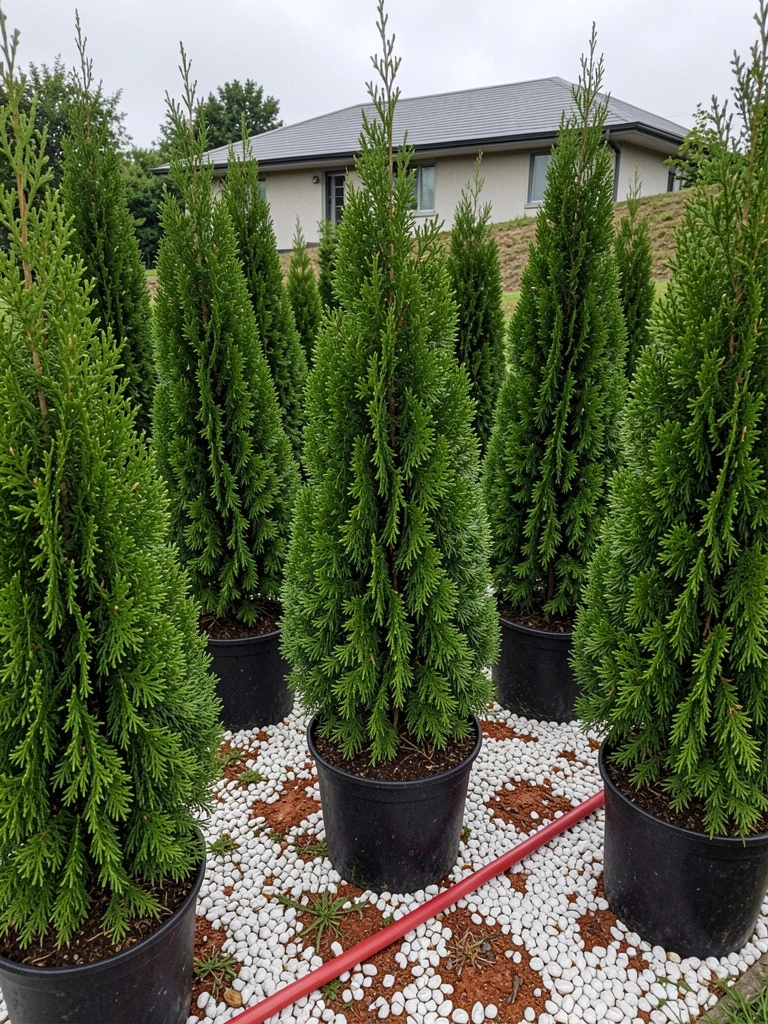 Tuia kaizuka plantada em canteiro com pedras brancas na entrada de uma casa