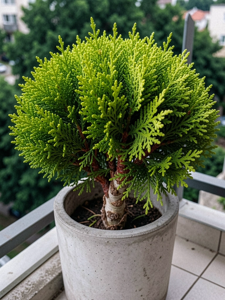 Vaso de concreto com tuia kaizuka em varanda, luz natural suave ao fundo