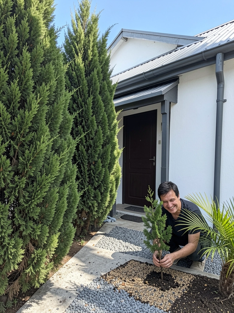 Mãos plantando muda de tuia kaizuka em solo com adubo