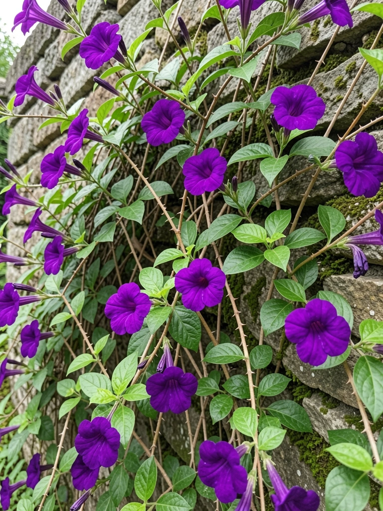Flores roxas de tumbérgia arbustiva sobre muro de pedra com cerca viva verde