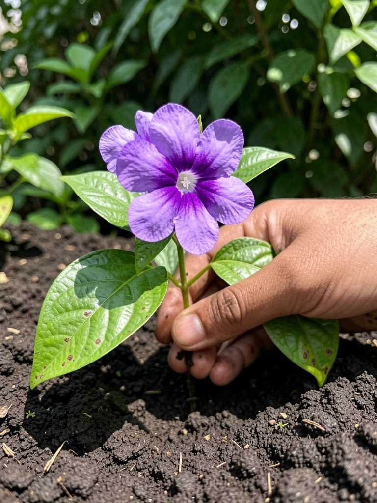 Mão plantando muda de tumbérgia em solo fértil