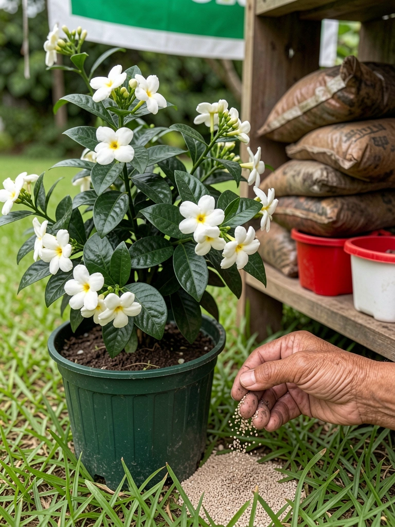 Mãos com luvas aplicando fertilizante NPK ao redor de uma tumbérgia arbustiva em vaso