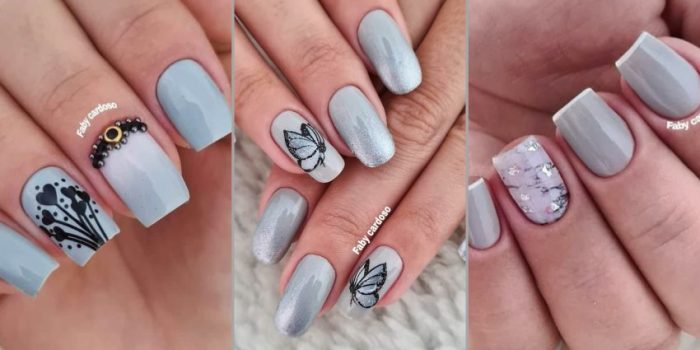 unhas em gel decoradas cinza amendoada