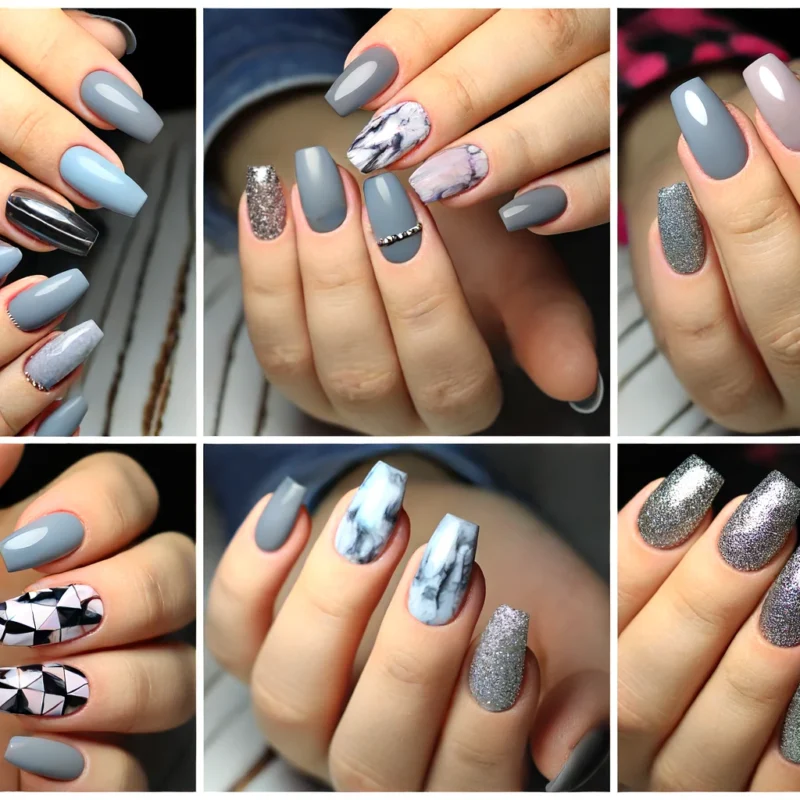 unhas em gel decoradas cinza e rosa quartzo