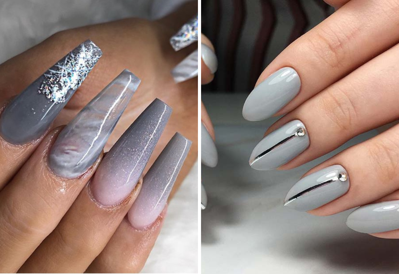 unhas em gel decoradas cinza brilhante