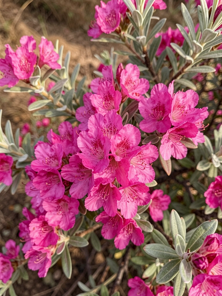 Close de arbustos floridos com pétalas magenta e rosa, folhagem prateada, luz natural suave e fundo desfocado.