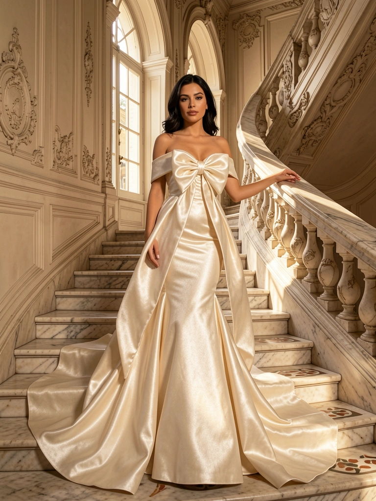 Vestido de noiva em cetim marfim com laço volumoso no busto e cauda sereia sobre escadaria de mármore em interior ornamentado, luz natural entrando por janelas altas.