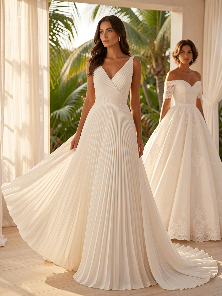 Vestido de noiva branco com pregas finas e caimento fluido em cômodo iluminado por luz natural, com segunda noiva ao fundo usando vestido com renda.