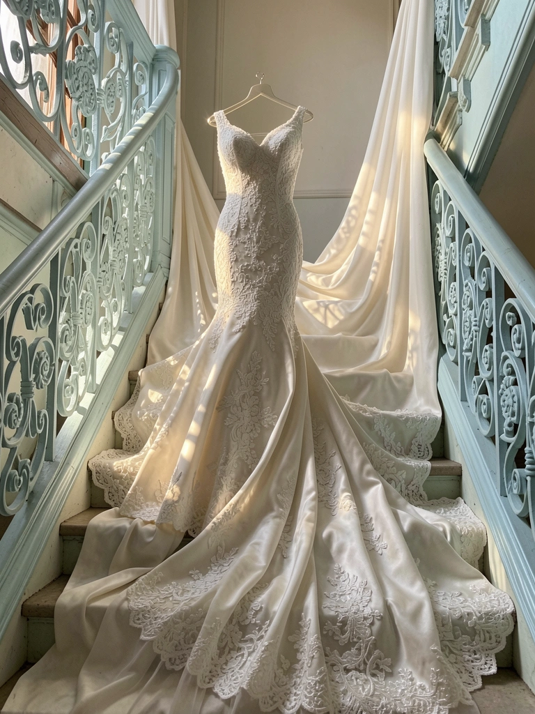 Vestido de noiva branco com renda e cauda longa sobre escadaria de ferro azul-claro, luz do sol destacando os detalhes.