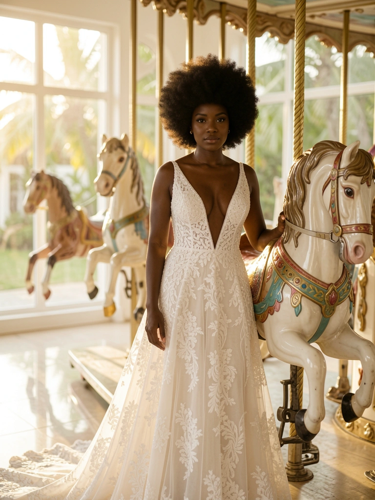 Noiva negra de cabelo afro volumoso em vestido de renda decotado ao lado de cavalo de carrossel vintage, luz natural de janelas e chão refletivo.