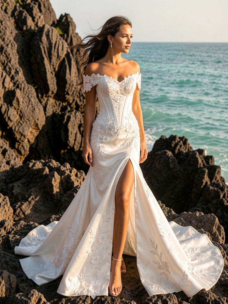 Vestido de noiva branco com bordados florais e decote ombro a ombro em penhasco rochoso com oceano turquesa ao fundo, luz natural suave destacando a textura do cetim.