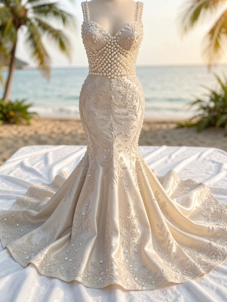 Vestido de noiva mermaid em marfim com corpete de renda e pérolas, cauda volumosa sobre veludo branco, luz natural difusa.