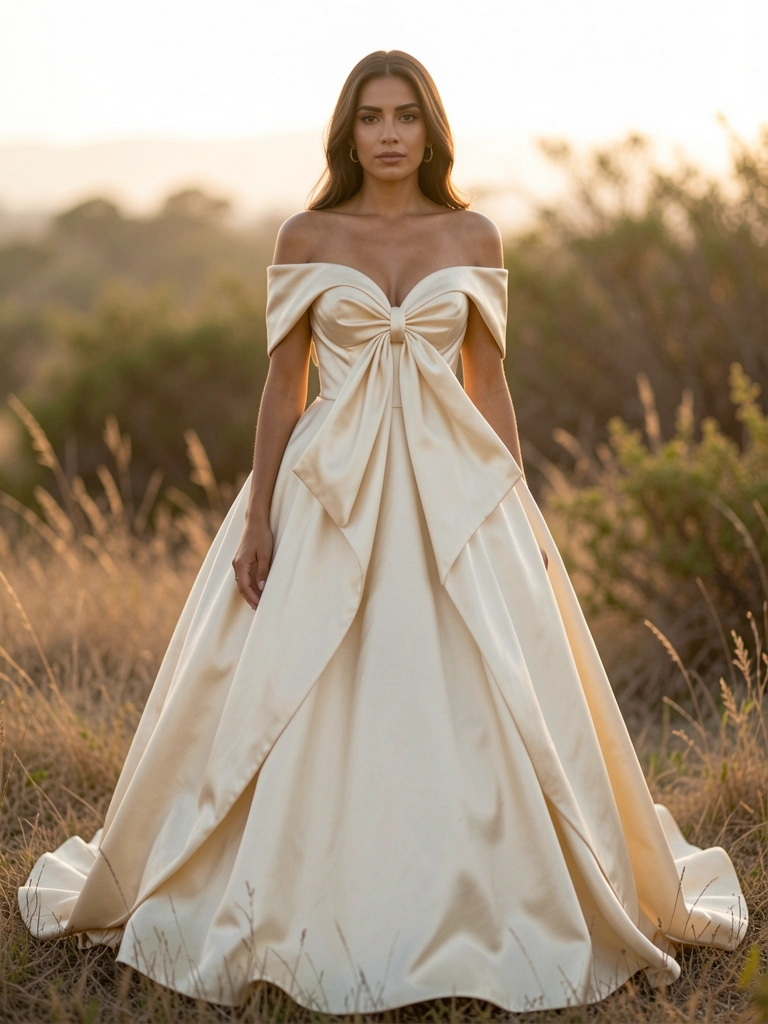 Vestido de cetim off-white com laço dramático no corpete, mulher em campo seco ao pôr do sol, luz dourada e silhueta destacada.