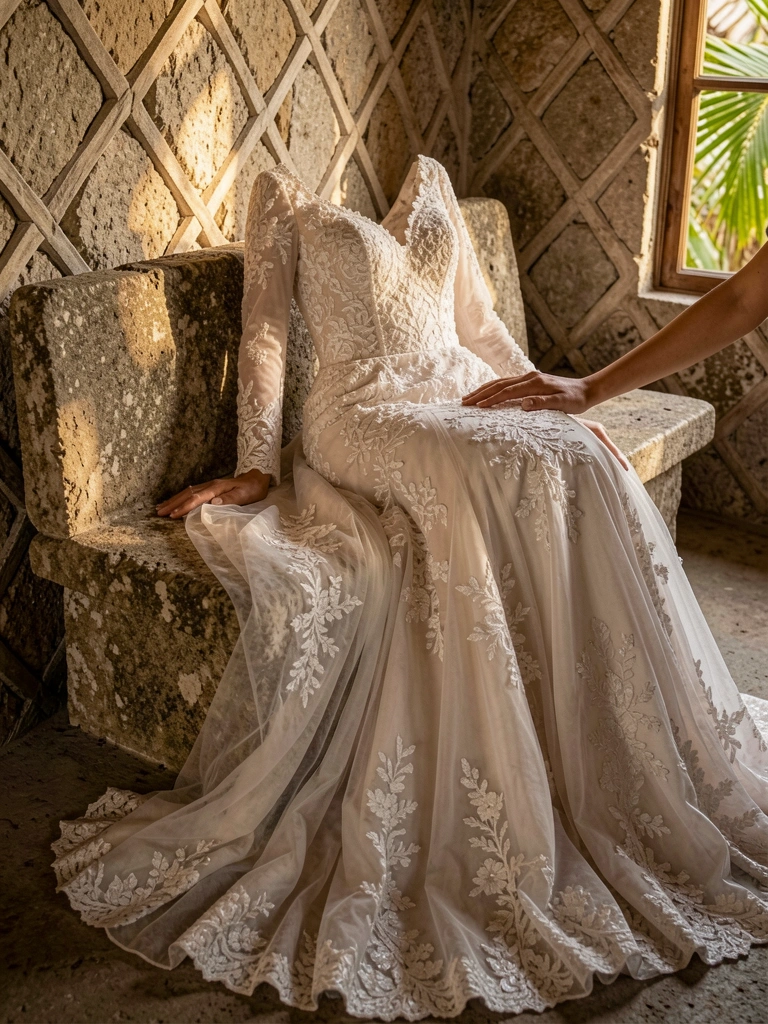 Vestido de noiva de renda e tule com cauda longa sobre banco de pedra texturizado, parede de pedra com padrão de losangos ao fundo, luz natural quente.