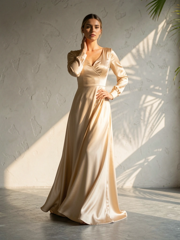 Vestido de cetim bege com decote elegante, modelo toca o pescoço, luz natural incide sobre parede texturizada cinza e piso de concreto polido.