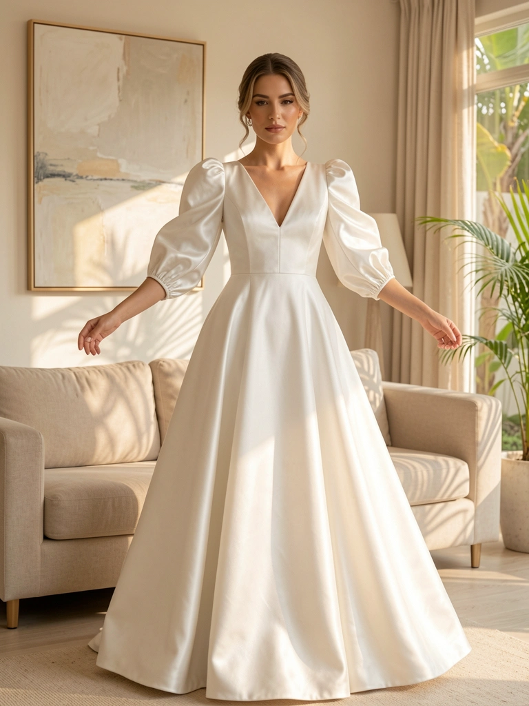 Mulher em vestido de cetim branco com mangas bufantes, em sala com sofá bege e pintura abstrata, luz natural suave.