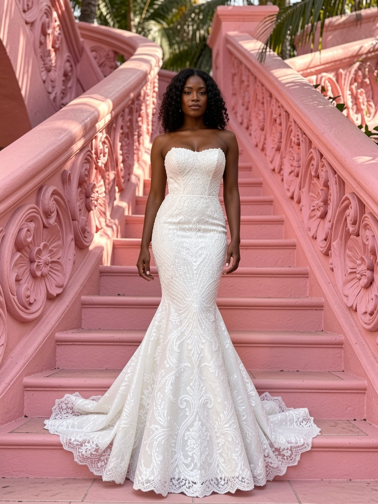 Mulher negra em vestido branco de renda e miçangas sobre escada rosa com flores esculpidas, luz natural suave.