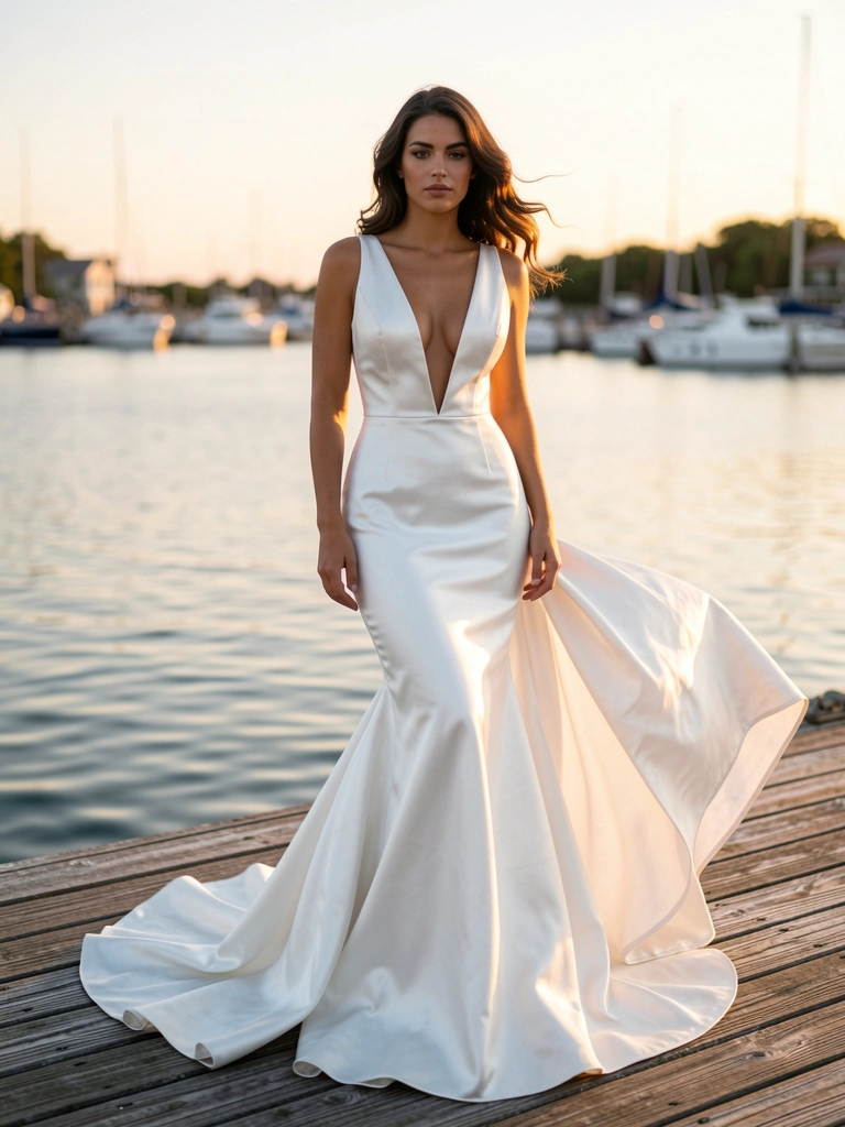 Vestido mermaid de cetim branco com decote V profundo em mulher sobre píer de madeira, luz dourada do pôr do sol refletindo na água calma do porto.