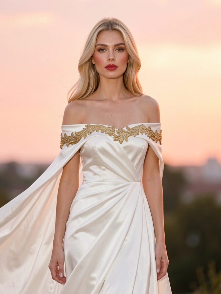 Mulher em vestido de cetim branco com detalhes dourados, cabelo loiro, sorriso sereno, fundo com pôr do sol em tons pastel, luz difusa e desfoque suave.