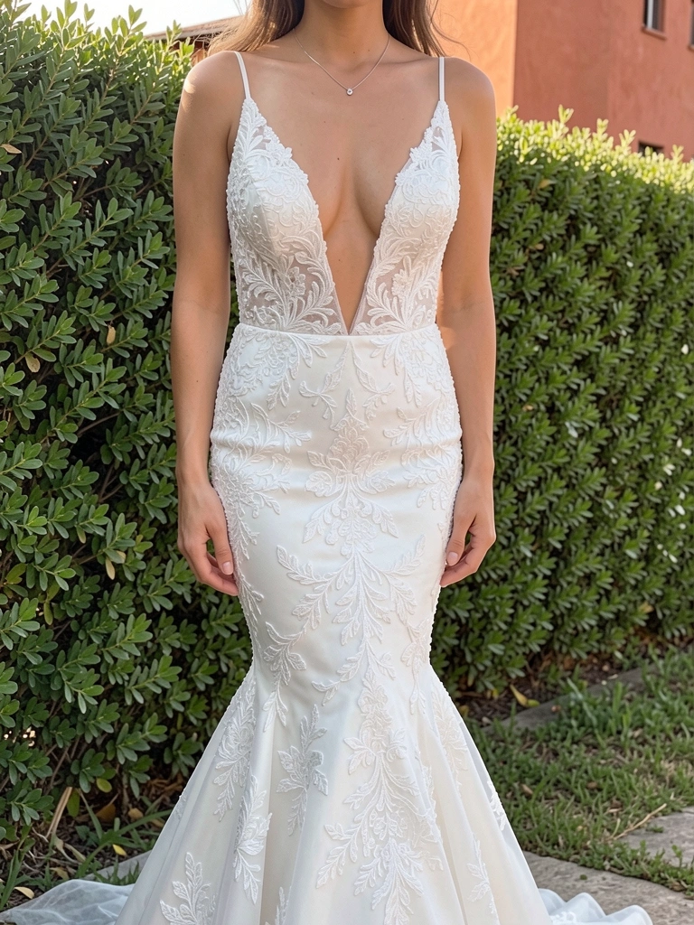 Vestido de noiva branco com renda floral e decote profundo, modelo em jardim com sebe verde e prédio de terracota ao fundo, luz natural suave.