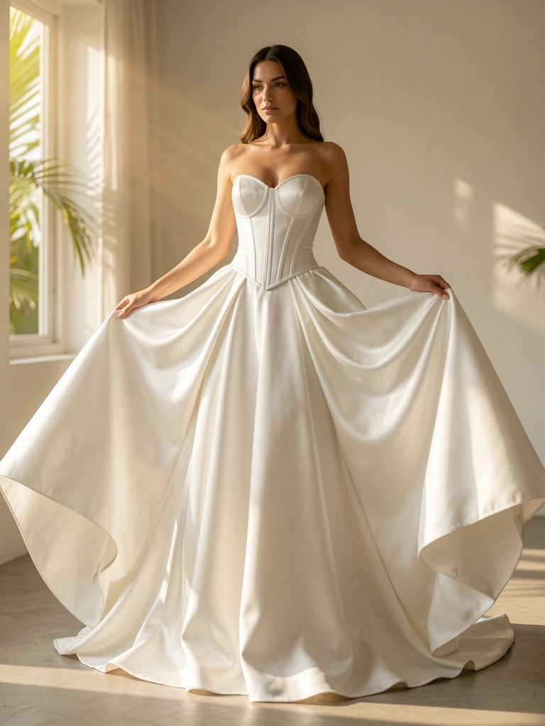 Vestido de noiva cetim branco com corpete corset e cauda longa, modelo com braços abertos, luz natural suave e fundo desfocado.