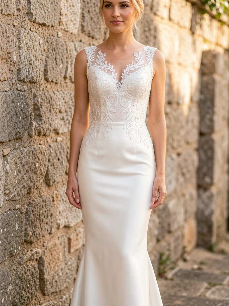 Vestido de noiva branco com renda e miçangas, luz natural difusa contra parede de pedra texturizada.
