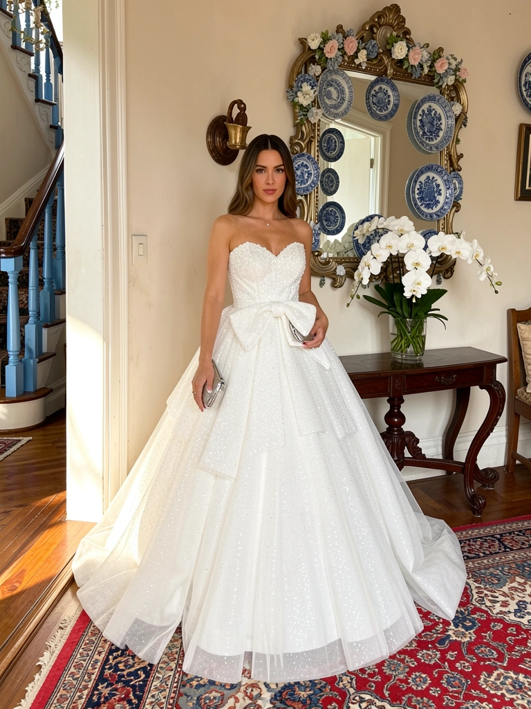 Vestido branco de tule e lantejoulas com laço na cintura, mulher segurando clutch prateada em saguão com escadaria, espelho floral e vaso de orquídeas.