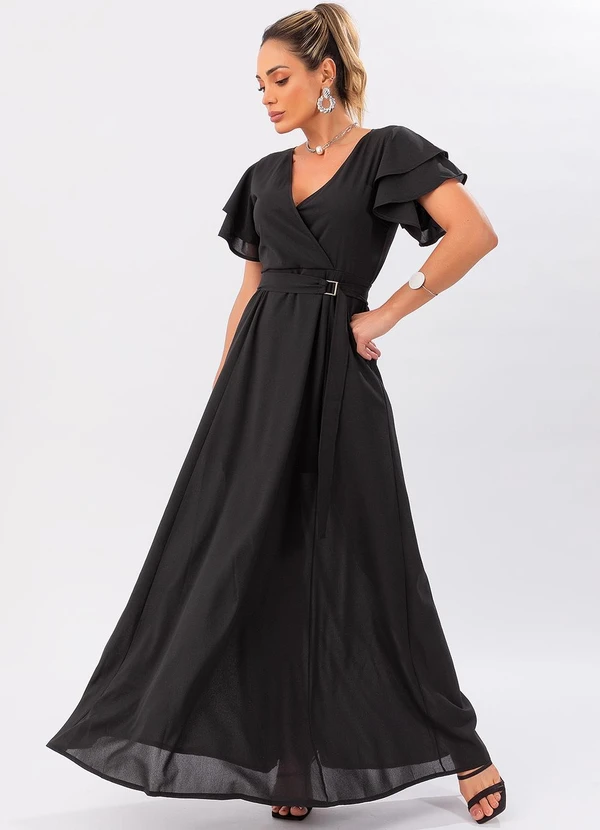 vestido preto longo crepe