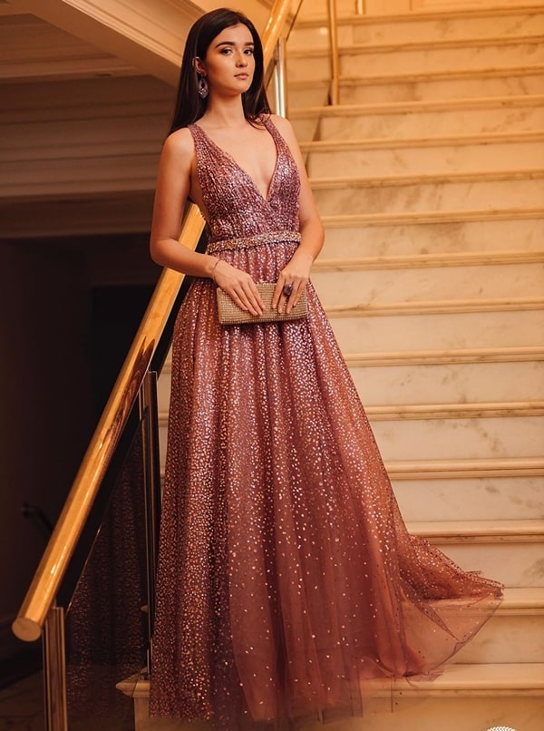 vestido longo com glitter