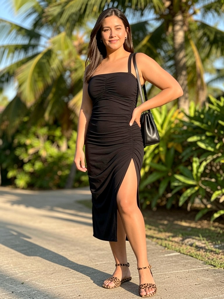 Vestido midi preto franzido com fenda lateral, sandália de tiras com estampa de onça, mulher com a mão no quadril e bolsa preta ao fundo, luz natural tropical.