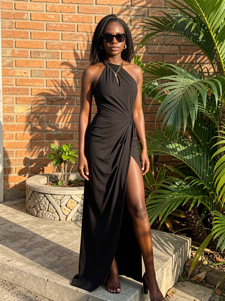 Mulher negra de vestido preto com fenda lateral em degrau de concreto, parede de tijolos, plantas tropicais e luz natural.