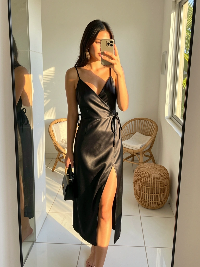 Reflexo em espelho grande de mulher de vestido preto acetinado segurando bolsa, banheiro com piso branco, cadeira e otomano de vime, luz natural.