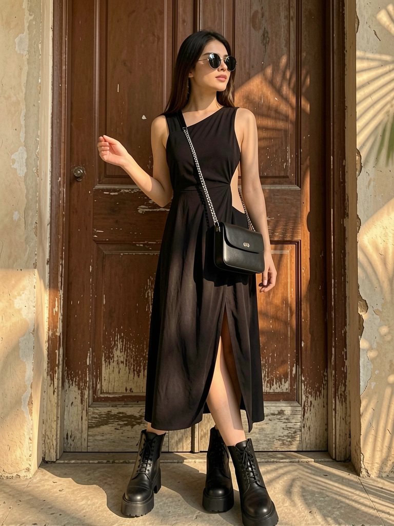 Jovem de vestido preto midi com recorte lateral e botas plataforma, bolsa crossbody de corrente prateada, fundo de porta de madeira texturizada com luz natural.