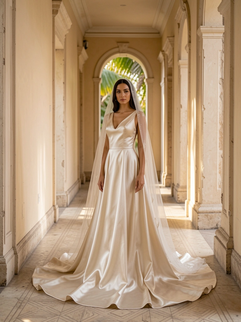 Mulher em vestido de cetim marfim com cauda longa e véu, em corredor ornamentado com paredes beges e piso padronizado, luz difusa e textura do tecido em destaque.
