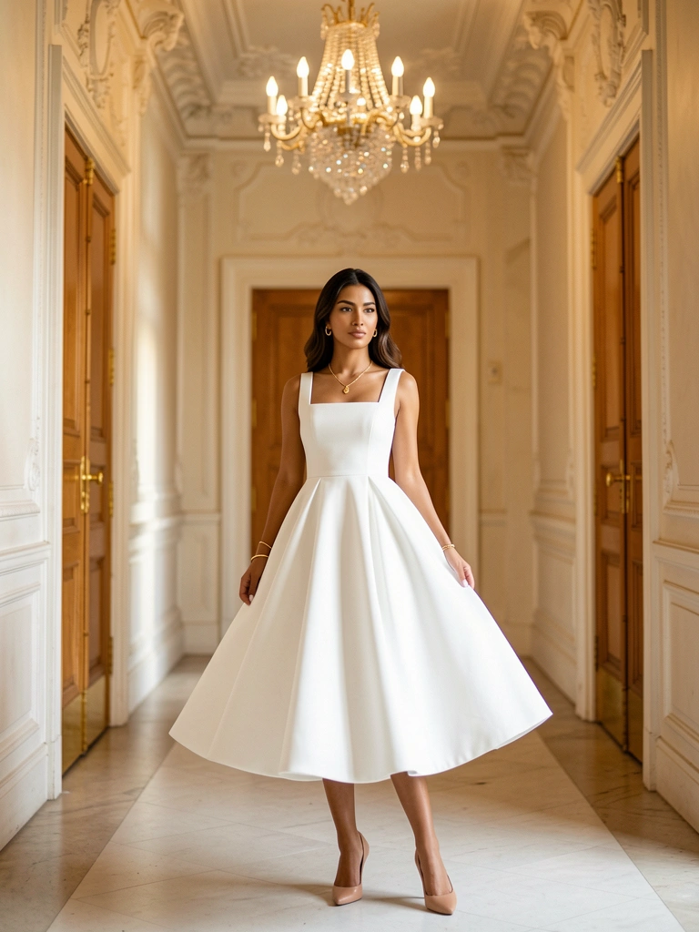 Mulher de vestido branco rodado em corredor com portas de madeira ornamentadas, lustre e luz natural quente.