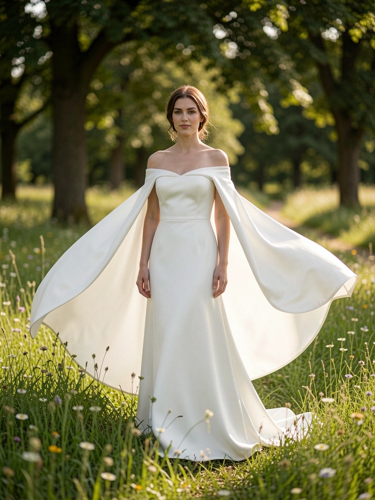 Vestido branco de cetim com capa fluindo em um campo verde sob luz natural suave.