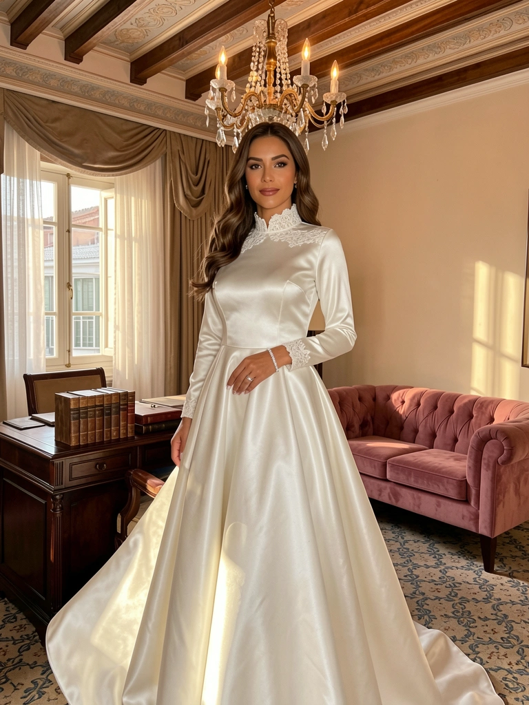 Vestido branco de cetim com gola rendada alta em quarto de hotel, luz natural entrando pela janela, lustre de cristal e sofá rosa claro.