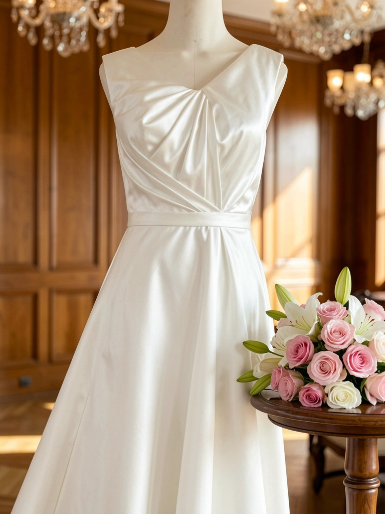 Vestido branco de cetim com um ombro só, buquê de rosas e lírios sobre mesa de madeira, luz natural e lustres ao fundo.