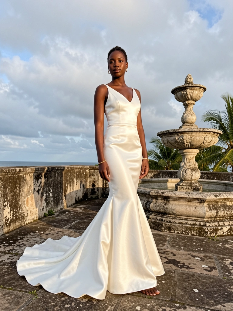 Vestido de noiva branco acetinado com cauda sobre pedra, brincos de ouro e pulseira fina, fonte ornamental ao fundo, luz natural.