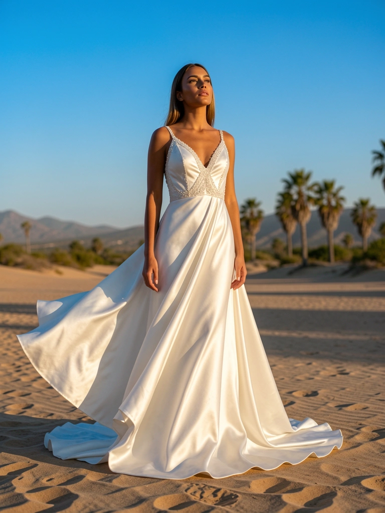 Vestido longo de cetim branco com bordados de miçangas, mulher em pose elegante em deserto ao entardecer, luz dourada e montanhas ao fundo.