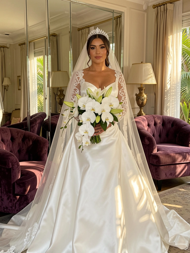 Vestido de noiva branco com mangas de renda, buquê de orquídeas e lírios, tiara com diamante, sala com espelhos e poltronas de veludo, luz natural suave.