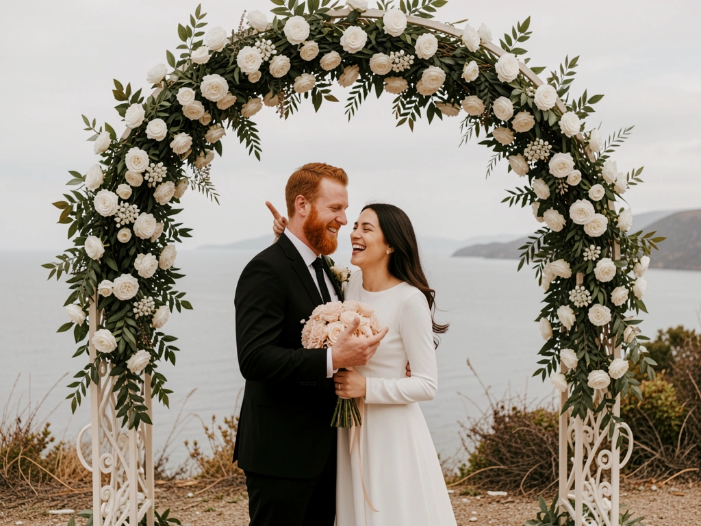 Casal abraçado sob arco floral ornamentado com flores brancas e verdes, mar calmo e colinas ao fundo, luz natural difusa.