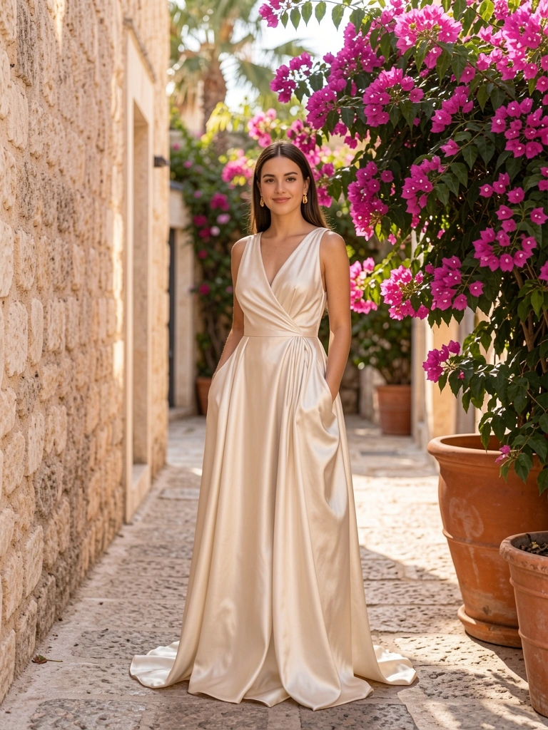 Vestido de cetim creme com bolsos grandes em caminho de pedra, arbusto de bougainvillea em vaso de terracota, luz do sol filtrada por folhas.