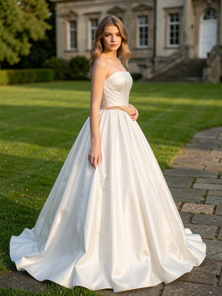 Vestido branco de cetim com pregas volumosas em mulher jovem, gramado verde, caminho de pedra e fachada clássica ao fundo sob luz natural.
