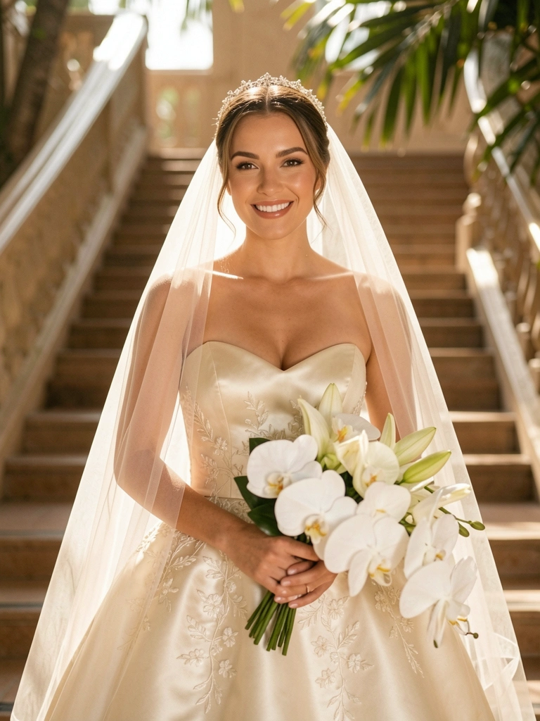 Noiva em vestido de cetim creme com bordados florais, buquê de orquídeas brancas e véu translúcido, luz natural tropical e escadaria ao fundo.