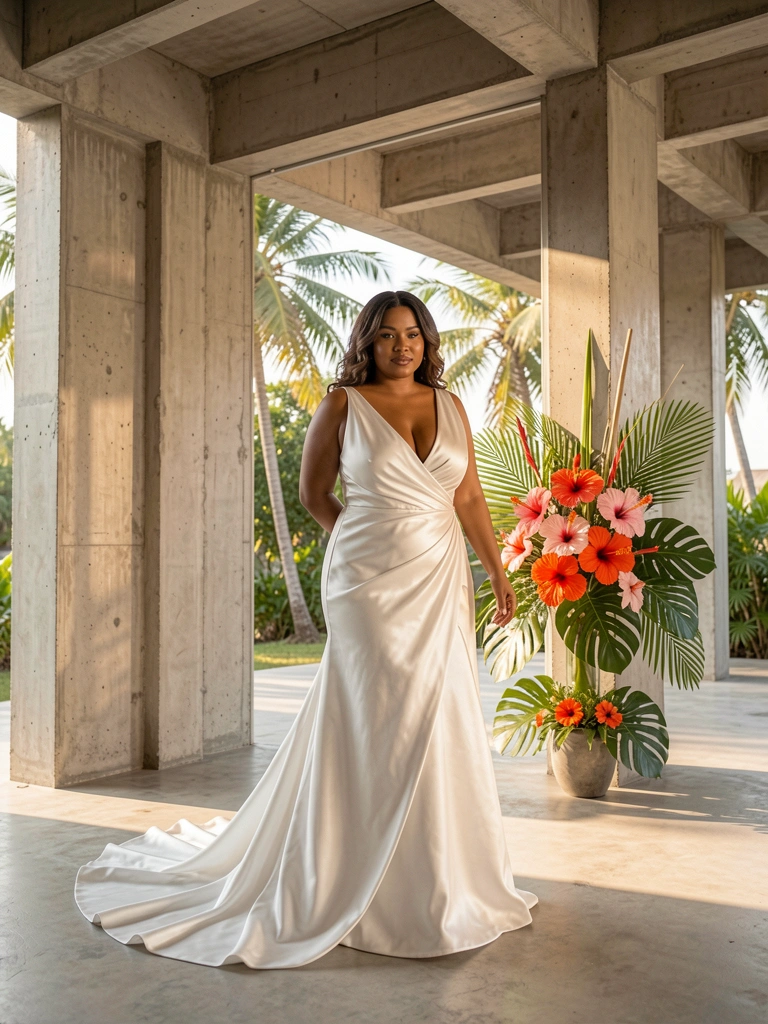 Vestido de cetim branco com decote profundo e cauda em ambiente de concreto exposto, luz natural filtrada e arranjo tropical com hibiscos.
