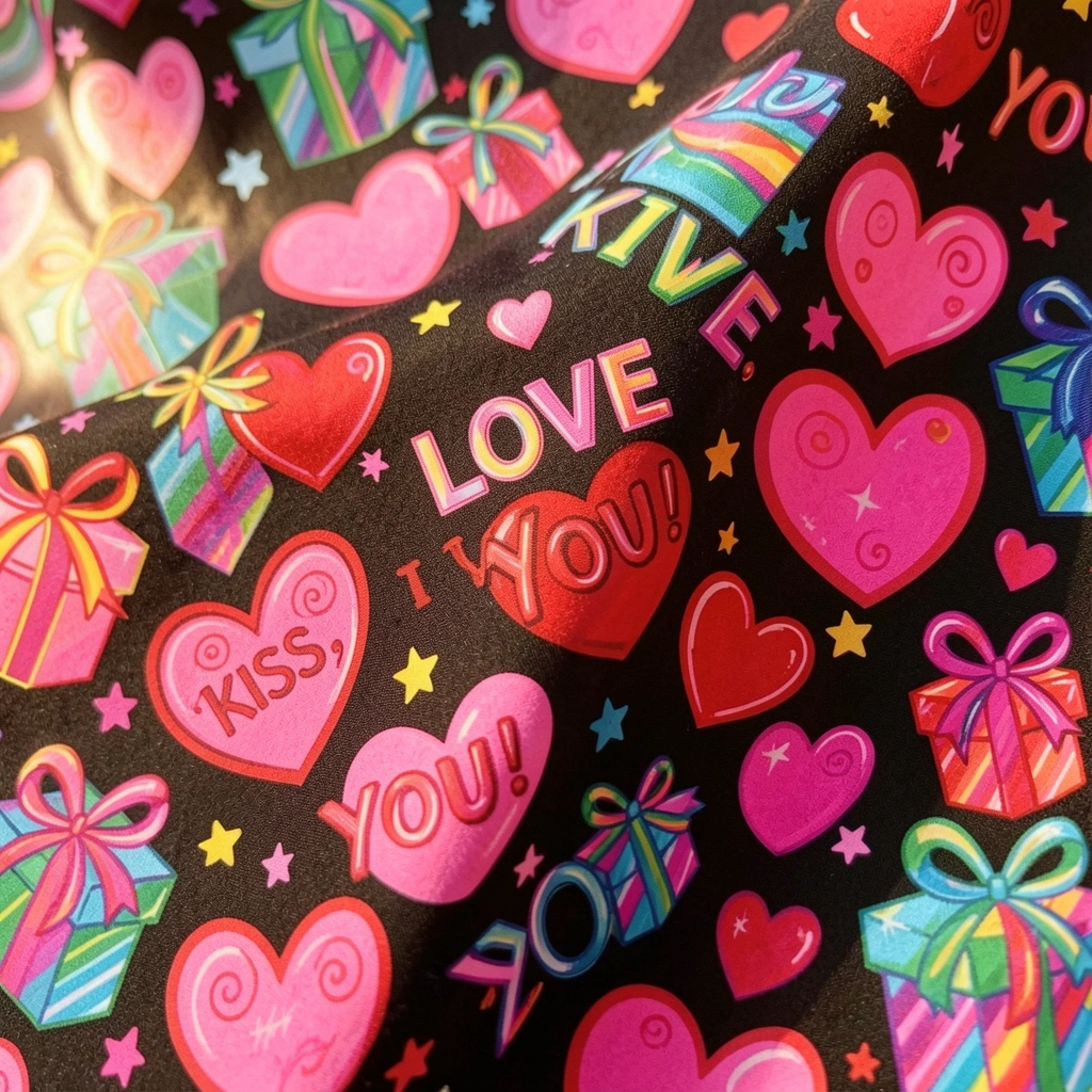 Fundo preto com corações vermelhos e rosas, estrelas e caixas de presente coloridas; palavras 