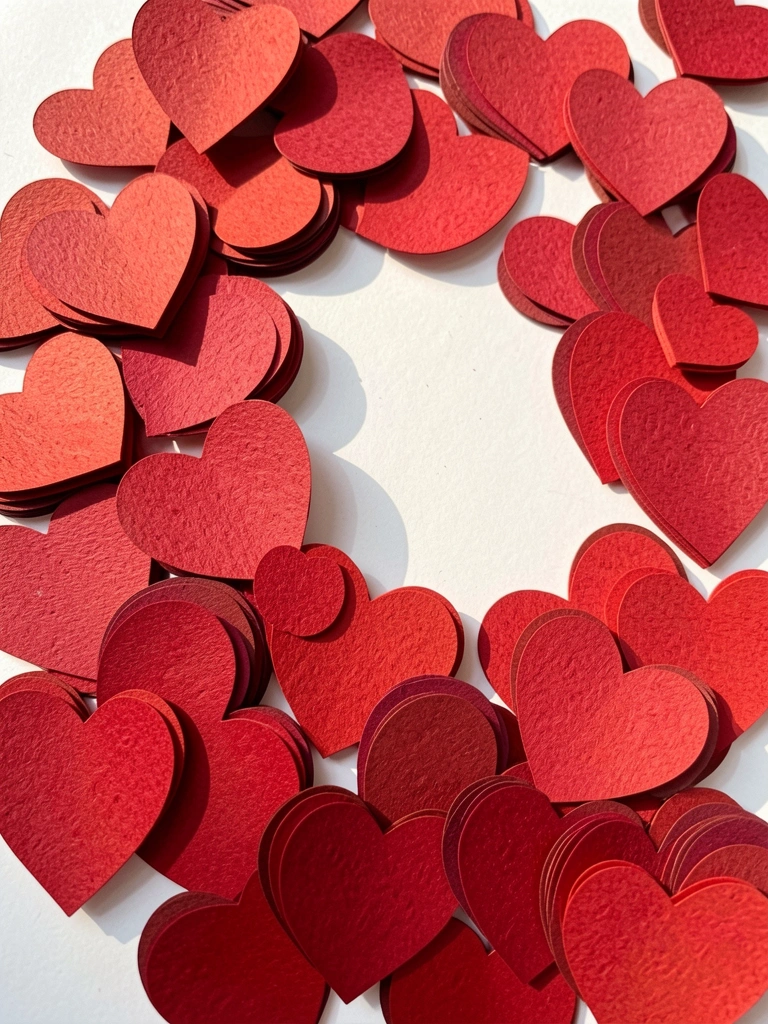 Corações de papel vermelho em camadas sobre fundo branco, luz natural destacando texturas e sombras suaves.